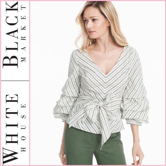 White House Black Market Tops - WHBM Striped Dramatic Sleeve Sashed Poplin Blouse